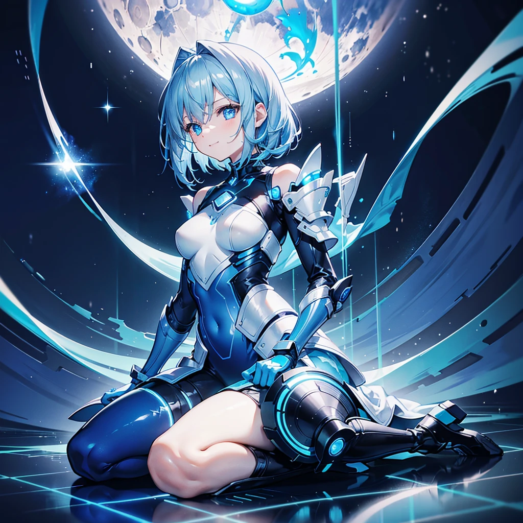 8K, Highest quality, (real:1.4), Original photo, 1 girl, Asari Hair, Biological Amplifier, Very sleek and futuristic armor, posture: Peace talks between warring factions,,attention arousal, smart blue eyes,A modest smile,Knee-high boots,Patent-look blue tights,Blue big moon and blue light swirl in the background,Blue light from behind,blue light magic,A small, glowing blue ball in the palm of your hand,Blue flame swirl,Blue Comet,Polished floor,