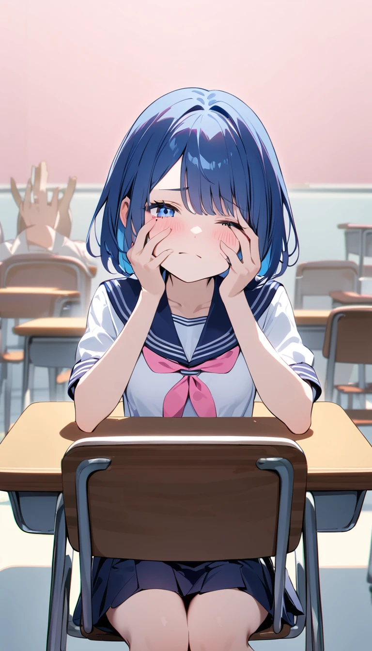 (1 girl),(Best Picture Quality, 8K, Masterpiece:1.3), (high school student:1.5), (pink lob hair:1.1), [skyblue hair:0.1], (bob cut),(swept bangs), (cute eyes, pupil black, iris skyblue, youthful face), (mole under right eye), (standard weight), (small breasts), (glistening skin:1.1),(pale skin:1.2), ((serafuku, white sailor short sleeve simple shirt, darkblue skirt, darkblue sailor collar, pink ribbon)),(sitting on a chair),(a class in session),((hands up,elbows on desk, face palm)),((front view:1.3)),(full body),(looking at viewer).