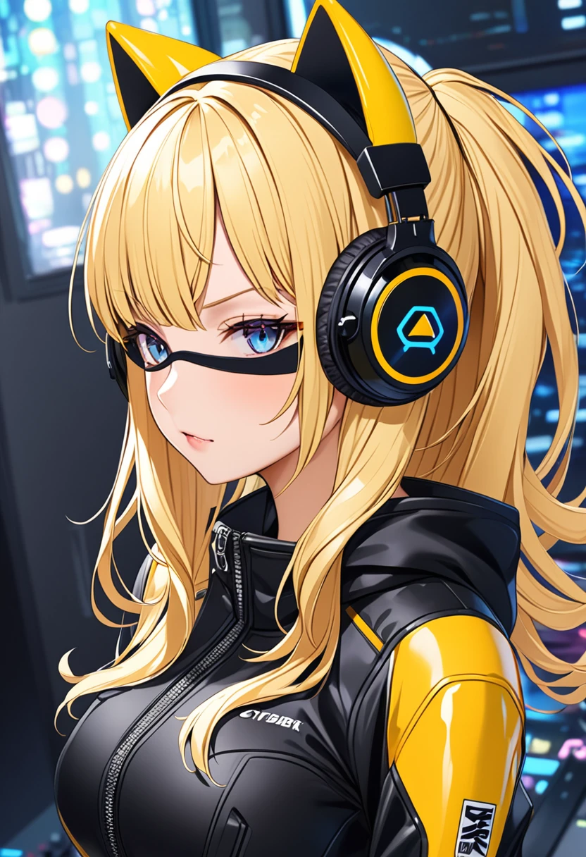 high quality,　Blonde woman、Rubber Suit、cyber-、Cat ear headphones、cute、first round、Eye patch