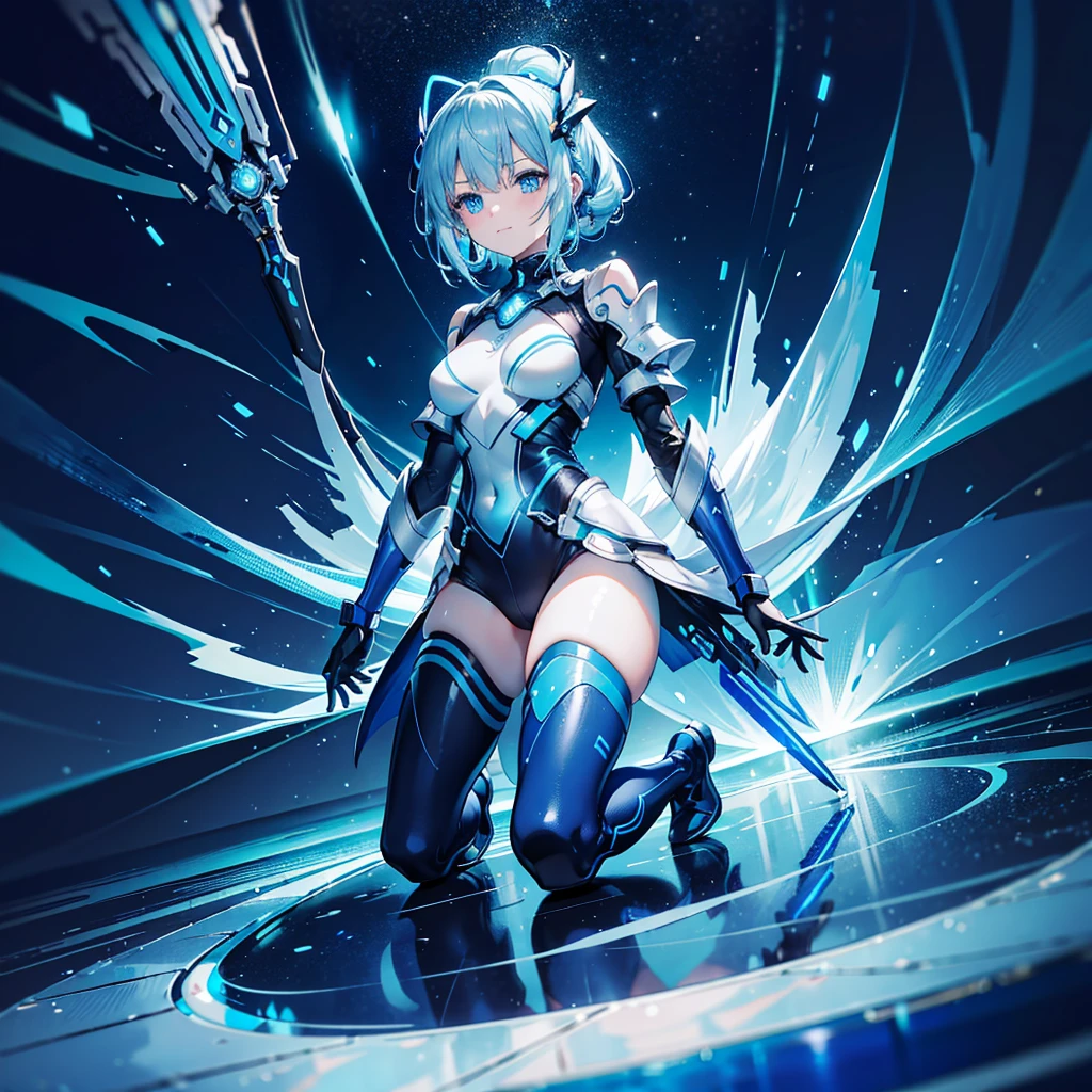 8K, Highest quality, (real:1.4), Original photo, 1 girl, Asari Hair, Biological Amplifier, Very sleek and futuristic armor, posture: Peace talks between warring factions,,attention arousal, smart blue eyes,A modest smile,Knee-high boots,Patent-look blue tights,Blue big moon and blue light swirl in the background,Blue light from behind,blue light magic,A small, glowing blue ball in the palm of your hand,Blue flame swirl,Blue Comet,Polished floor,