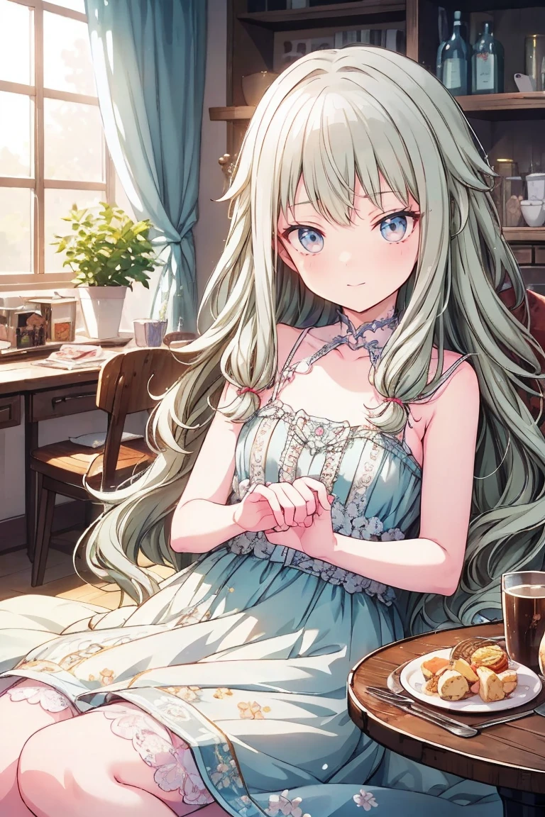 Tabletop、masterpiece、Best image quality、Look this way、Fluffy hair、Delicate eyes、Adorable, 最high quality、Mature Girl、1 person、smile、masterpiece, Most detailed, high quality、Shiny Hair、Very fine and beautiful bright eyes、nose blush、Very detailed, clear and beautiful face, Awards, (Anatomically correct)、Cowboy Shot、Sitting
