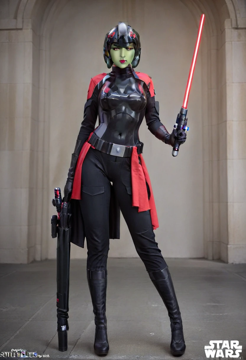 score_9, score_8_up, score_7_up, score_6_up, 2d, rating_questionable, rating_safe, BREAK ((green skin)) Female Twi'lek (((hera syndulla ))), helmet with red visor, star wars, armor,black gloves,tight bodysuit,black cape,black pants, close up, solo, standing, front view, medium breasts, wide hips, holding lightsaber, double edged, action pose, red blade, indoors, sith base, science fiction,
