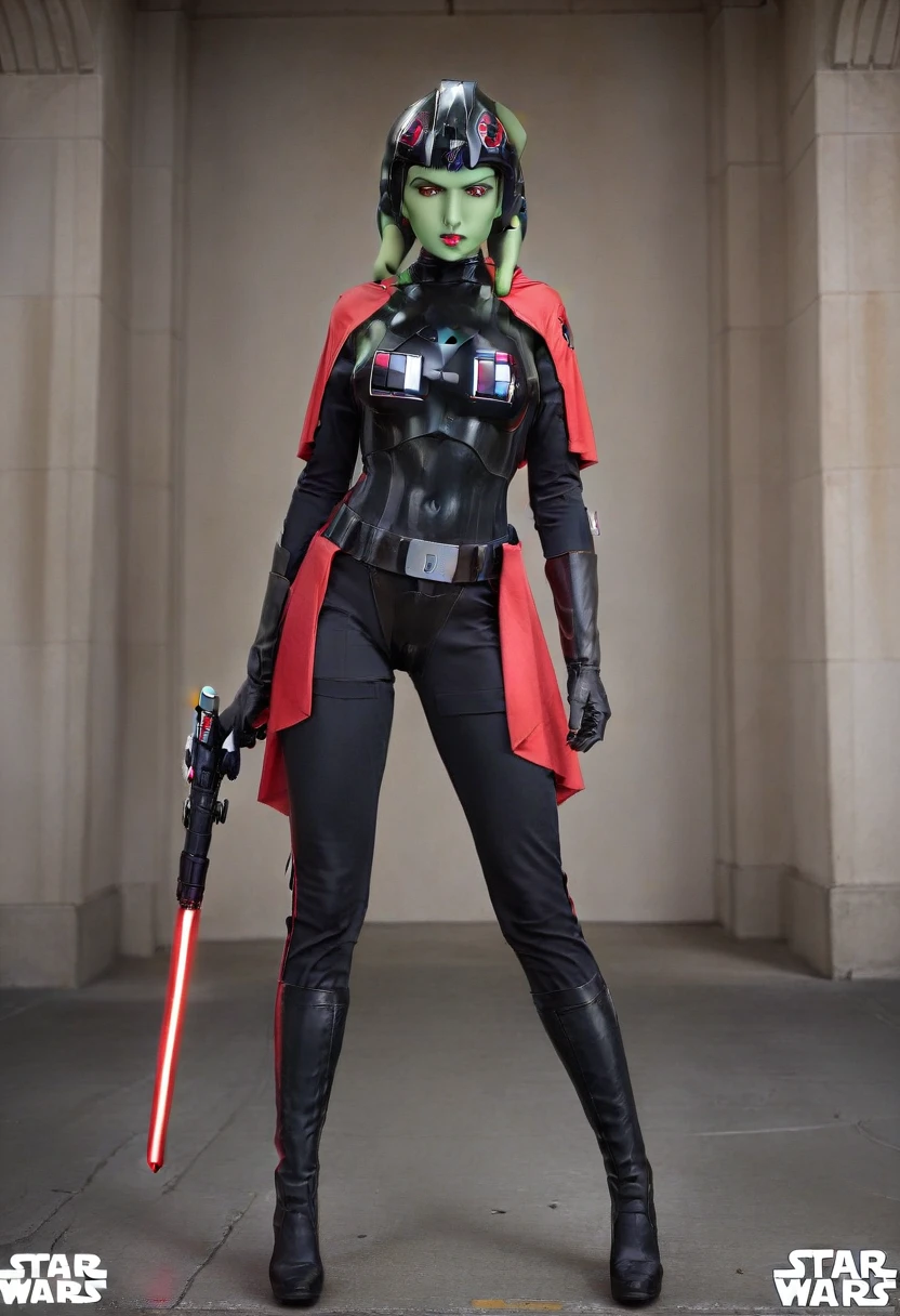 score_9, score_8_up, score_7_up, score_6_up, 2d, rating_questionable, rating_safe, BREAK ((green skin)) Female Twi'lek (((hera syndulla ))), helmet with red visor, star wars, armor,black gloves,tight bodysuit,black cape,black pants, close up, solo, standing, front view, medium breasts, wide hips, holding lightsaber, double edged, action pose, red blade, indoors, sith base, science fiction,
