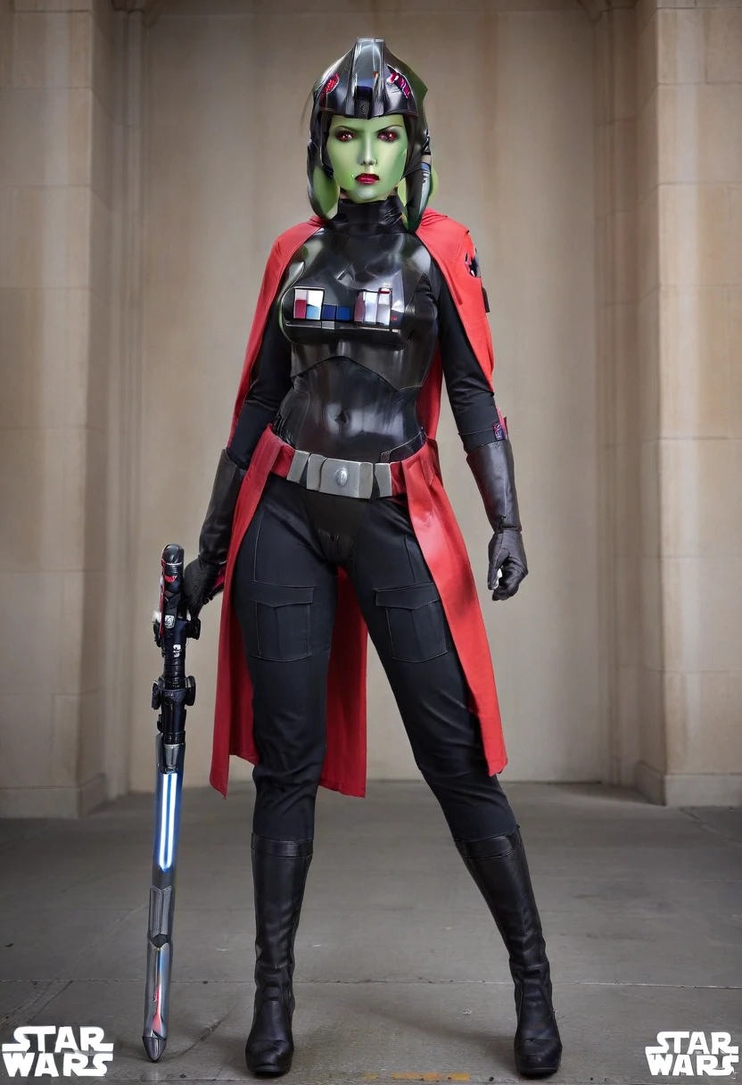 score_9, score_8_up, score_7_up, score_6_up, 2d, rating_questionable, rating_safe, BREAK ((green skin)) Female Twi'lek (((hera syndulla ))), helmet with red visor, star wars, armor,black gloves,tight bodysuit,black cape,black pants, close up, solo, standing, front view, medium breasts, wide hips, holding lightsaber, double edged, action pose, red blade, indoors, sith base, science fiction,
