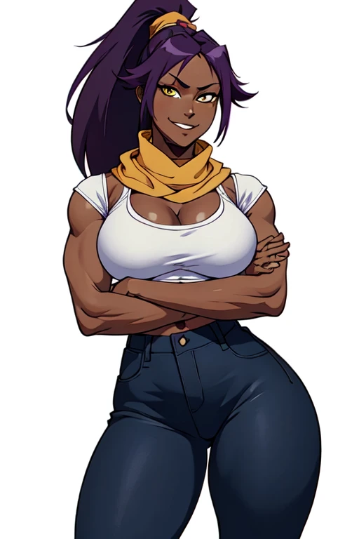 masterpiece,best quality,extreme detail,8k,yoru2, 1girl, solo, long hair, breasts, looking at viewer, smile, large breasts, simple background, white background, navel, cleavage, yellow eyes, ponytail, purple hair, midriff, pants, dark skin, scarf, dark-skinned female, crossed arms