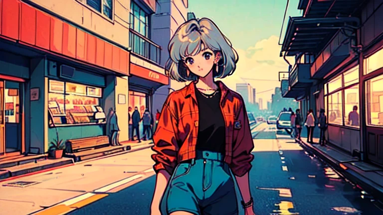 (80's, Retro), , (masterpiece, Highest quality, Intricate details), 
girl, alone,masterpiece, City Pop Style, Silver Hair、Shopping