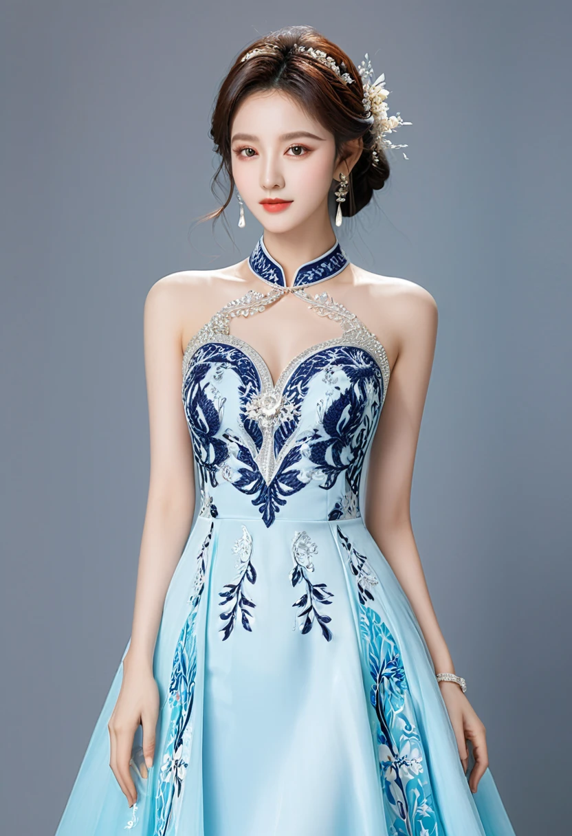 Realistic photo style, whole body 사진에 아름다운 아시아 소녀가 등장합니다., Wearing a unique ethnic style evening gown with delicate skin., bright and lively eyes, Thick eyelashes that look especially attractive. Long dresses are slim and elegant., Eye-catching silver jewelry and alcohol. The high-collar design adds an elegant atmosphere., Color of blue and white porcelain. using light and shadow, The vivid and harmonious appearance of the protagonist is highlighted... whole body, (masterpiece, best quality, professional, perfect composition, very aesthetic, absurd, very detailed, intricate details:1.3)
