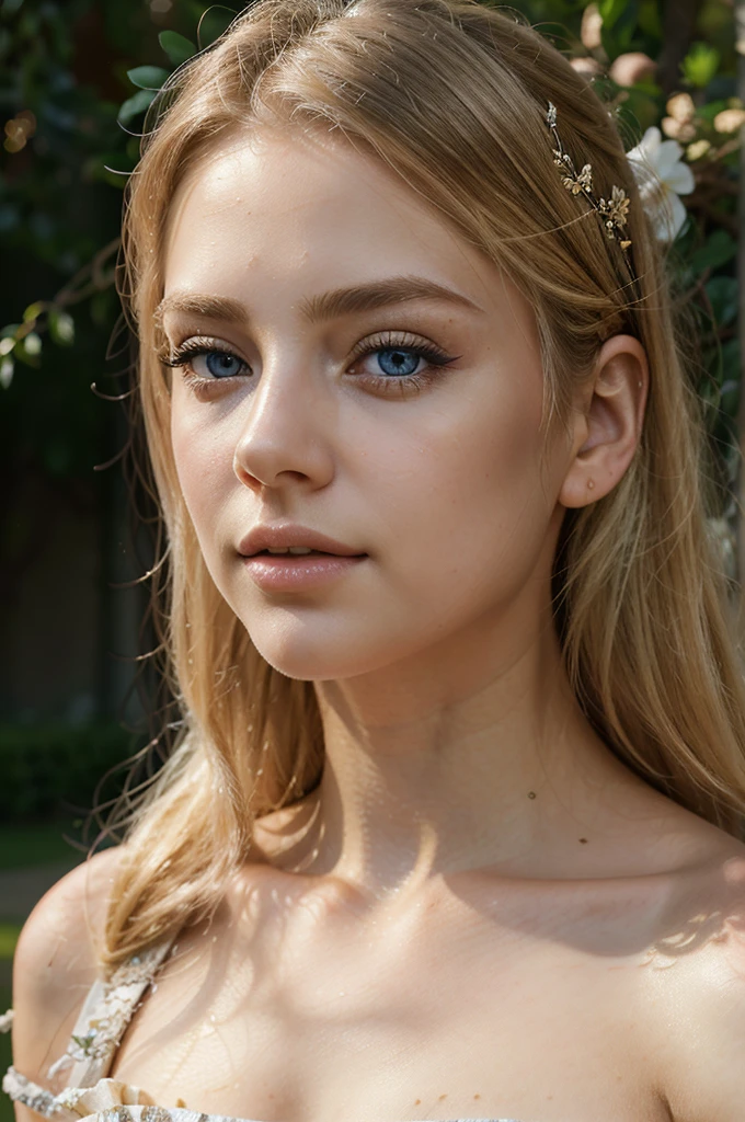 beautiful detailed eyes, beautiful detailed lips, extremely detailed eyes and face, longeyelashes, 1girl, blonde hair, blue eyes, beautiful detailed face, full lips, elegant pose, serene expression, intricate floral background, lush garden, golden light, soft lighting, cinematic, highly detailed, photorealistic, 8k, masterpiece