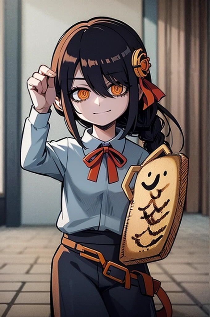 1 girl, solo, Nayuta (chainsaw man), black hair, x hair ornament, long hair, hair ornament, orange eyes, looking at viewer, long sleeves, dress, uniform, smile, ribbon hair, closed mouth, shirt black, hair between eyes, traditional media, giving half a finger