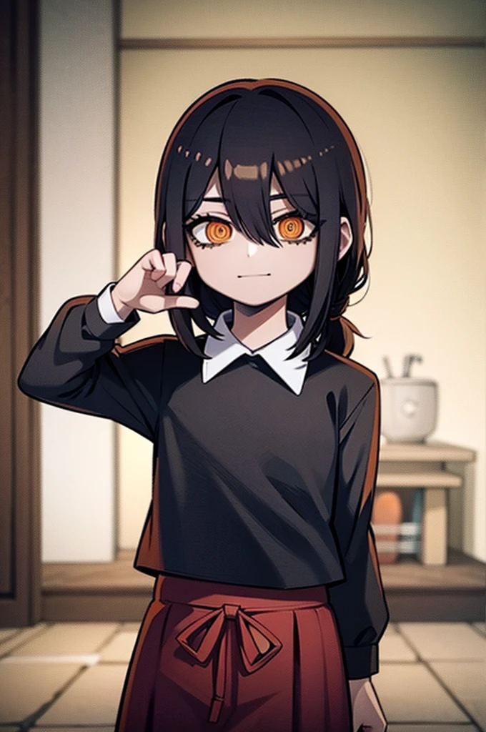 1 girl, solo, Nayuta (chainsaw man), black hair, x hair ornament, long hair, hair ornament, orange eyes, looking at viewer, long sleeves, dress, uniform, smile, ribbon hair, closed mouth, shirt black, hair between eyes, traditional media, giving half a finger