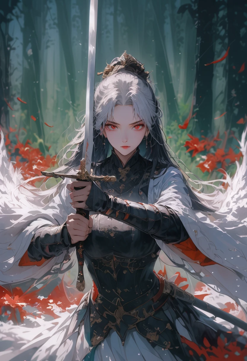 (best qualityer, work of art) a woman with medium white hair, with a red eyes, she is wearing a suit, in contrast to an atmospheric setting reminiscent of a misty forest or garden. Red leaves or petals are scattered across the scene, contributing to aesthetics. the background is white