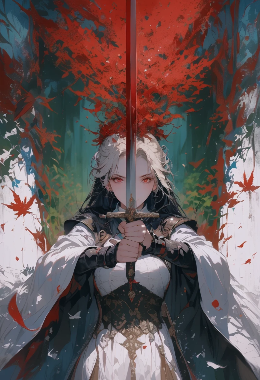 (best qualityer, work of art) a woman with medium white hair, with a red eyes, she is wearing a suit, in contrast to an atmospheric setting reminiscent of a misty forest or garden. Red leaves or petals are scattered across the scene, contributing to aesthetics. the background is white