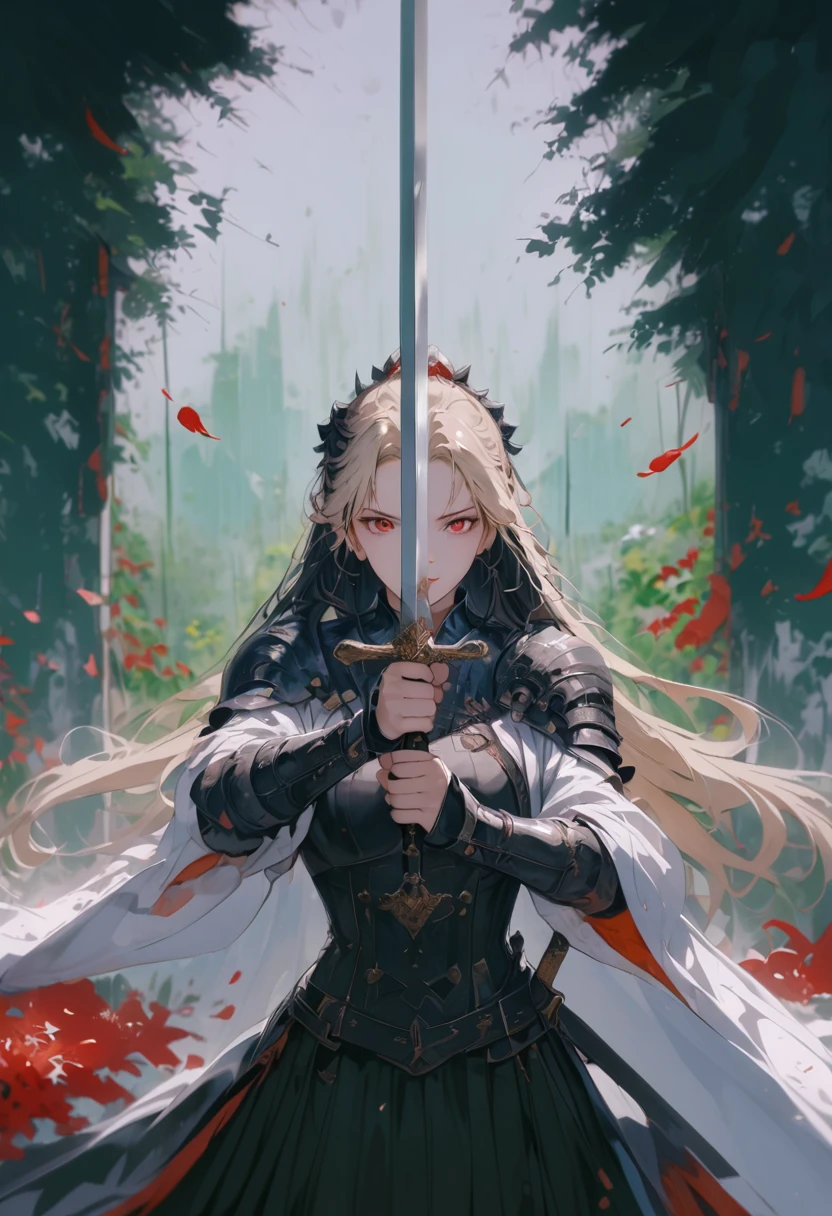 (best qualityer, work of art) a woman with medium white hair, with a red eyes, she is wearing a suit, in contrast to an atmospheric setting reminiscent of a misty forest or garden. Red leaves or petals are scattered across the scene, contributing to aesthetics. the background is white