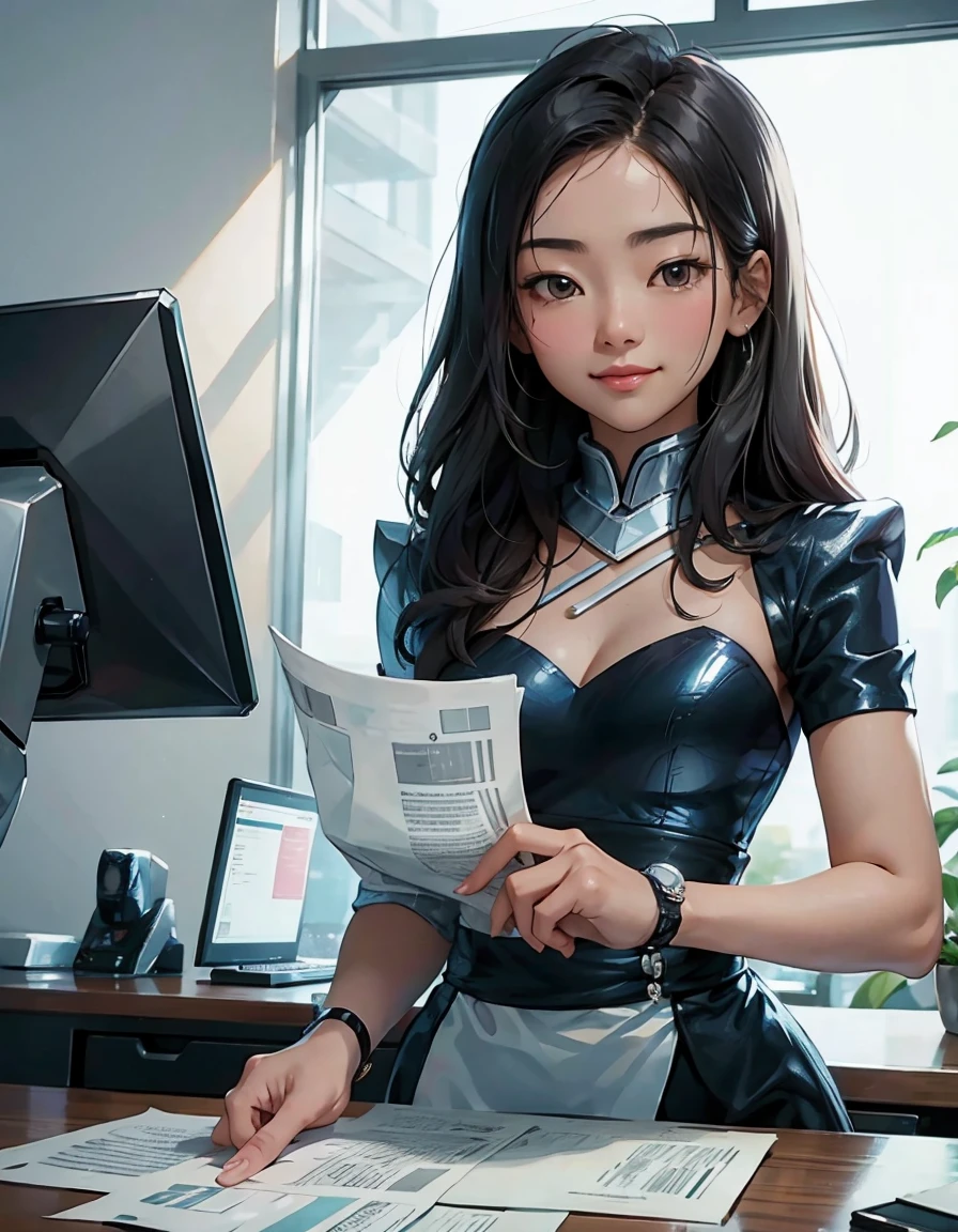 Robotic cute asian women working in the office holding a folded News paper giving briefing to me.、I'm smiling。The scene is、It represents a moment of relaxation and relaxation between busy work.、It brings a gentle, calm atmosphere to the office.。Each of them forgets the hustle and bustle of everyday life.、It is clear that interacting with dogs refreshes the mind.。