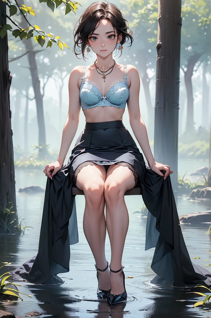 ((Biologically correct limb count)),((Natural finger shape)),((Full Body Shot,Including face)),Standing position,4K,masterpiece,((Focus on the face)),((Symmetrical facial features)),Eye for detailed depiction,Beautiful woman,Excellent style,Beautiful feet,(Small Ass,Thin thighs),(Patterned black stockings,High heels),Facial detailing,Small earrings,necklace,Low angle photo,((Light blue lace bra and lace panties,Lifting the skirt to reveal panties)),Park scenery on a holiday morning,Strong sunlight,(((A facial expression of pleasure))),(((Lean your body back and sit on the ground))),((Hands lifting from under your chest)),(Face the camera),Photograph the side of the body,focus on the crotch,Long blonde