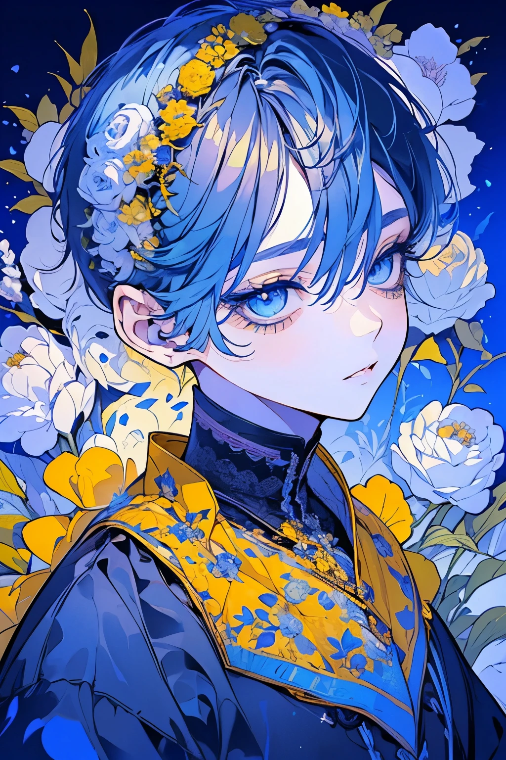 (Mastepiece), (Best Quality), Very detailed, 1 boy, Solo Shooting, Perfect Face, Beautiful Face, Very detailedな顔,(Yellow Hair:1.3),(short hair:1.4)、(Big eyes:1.4),(Long eyelashes:1.4)、(Blue Eyes:1.3)、Black clothes、Lots of flowers、petal