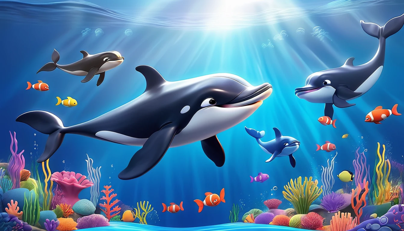 Create a 3-D Pixar style art scene for kids featuring a baby whale swimming alongside its mother whale. The scene should be colorful and vibrant, with an ocean background, coral reefs, and schools of fish. The overall mood should be engaging and inviting for young children.