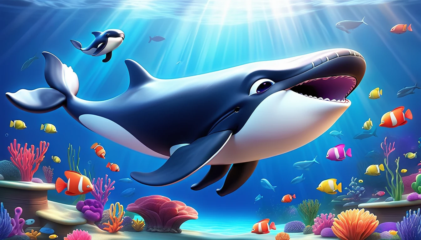 Create a 3-D Pixar style art scene for kids featuring a baby whale swimming alongside its mother whale. The scene should be colorful and vibrant, with an ocean background, coral reefs, and schools of fish. The overall mood should be engaging and inviting for young children.