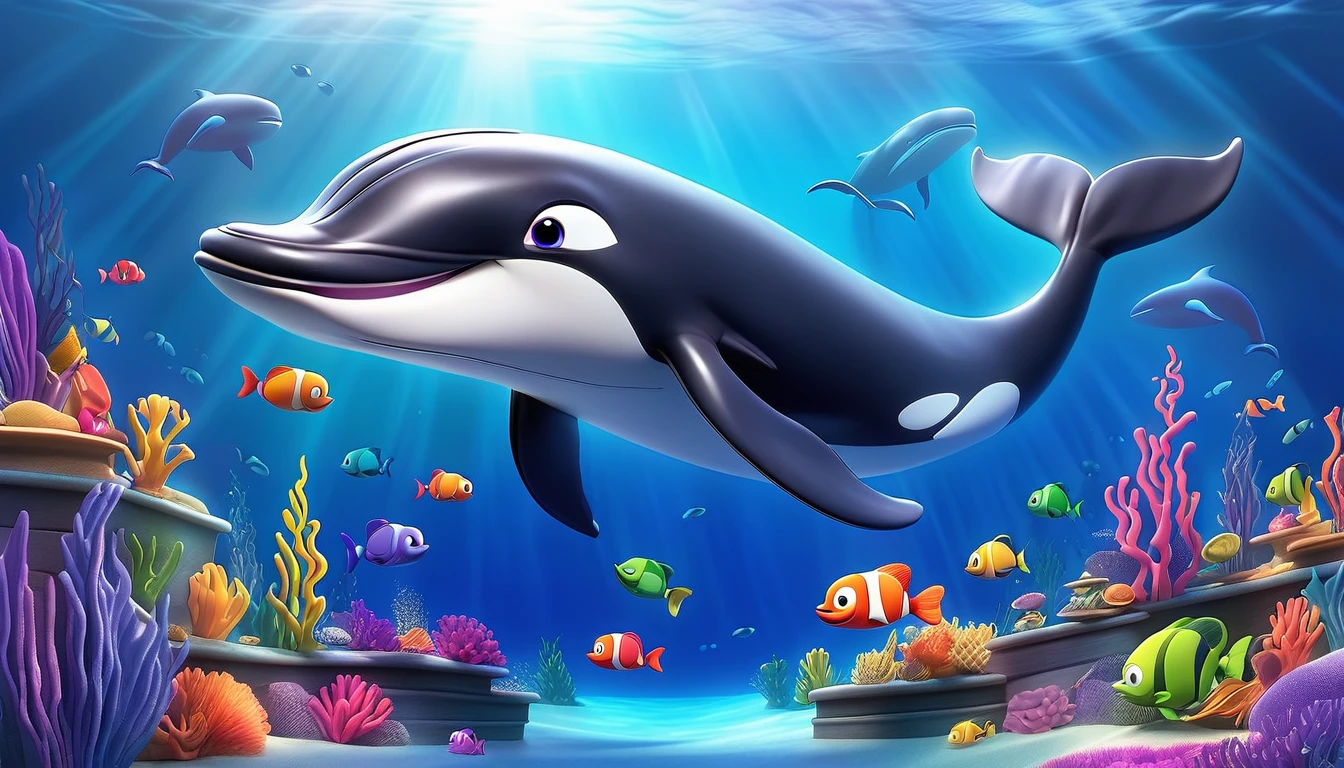 Create a 3-D Pixar style art scene for kids featuring a baby whale swimming alongside its mother whale. The scene should be colorful and vibrant, with an ocean background, coral reefs, and schools of fish. The overall mood should be engaging and inviting for young children.