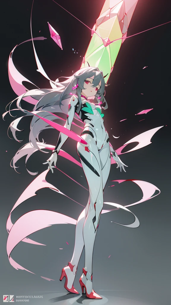 8k, masterpiece, concept_art, (Fu_Hua), (Herrscher_of_Sentience), grey_hair, red_eyes, (plug_suit), white_bodysuit, glowing_bodysuit, pink_accents, green_crystal_on_chest, high_heels, (mystical_armor)