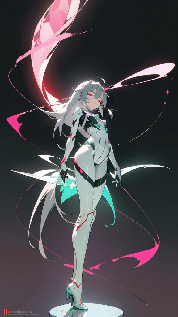 8k, masterpiece, concept_art, (Fu_Hua), (Herrscher_of_Sentience), grey_hair, red_eyes, (plug_suit), white_bodysuit, glowing_bodysuit, pink_accents, green_crystal_on_chest, high_heels, (mystical_armor)