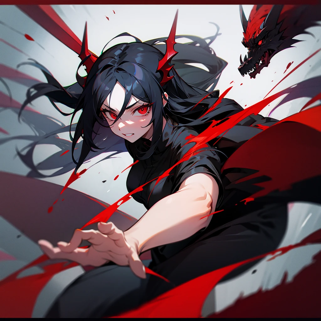 black dragon man woman,long black hair,Blood red eyes,Cunning face,beautiful figure