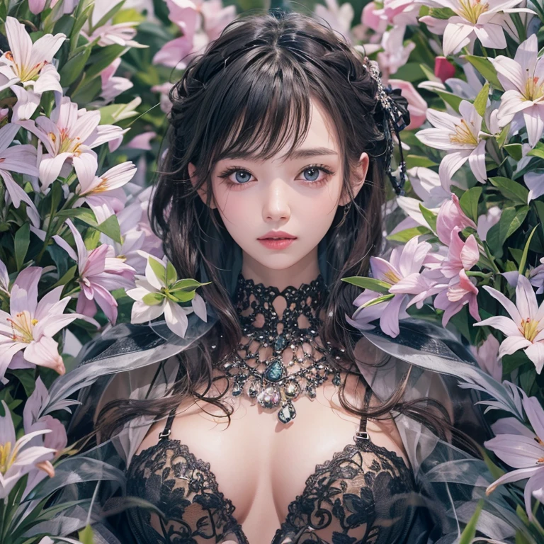 that'that'that'that'that'that'it's raining, c that、Hair flow、 ((highest qualthaty、masterpiece、8K、Best image qualthaty、Ultra-high resolution、Award-winning works)、(Accurate anatomy:1.1)、(Look at me and smile:1.1)、Shining fair skin wthath Ultra-high resolution、The most detailed face、Ultra-high resolution detailed face、Ultra-high resolutionの髪の毛、(Ultra-high resolutionの煌めく瞳:1.1)、Beautiful face drawn in every detail、ancient gothic costume , Chest to chest, tattoo, Surrounded by lilies
