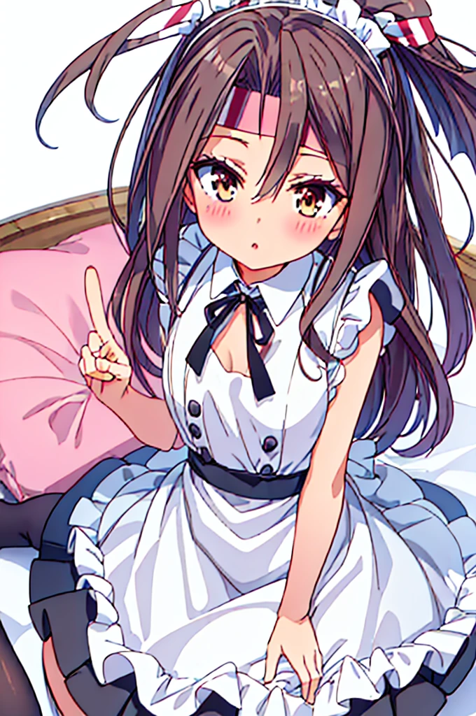 a anime version of a girl in maid outfit kneeling on a floor, 1girl, zuihou (kancolle), solo, long hair, alternate costume, maid, apron, enmaided, brown eyes, simple background, white background, breasts