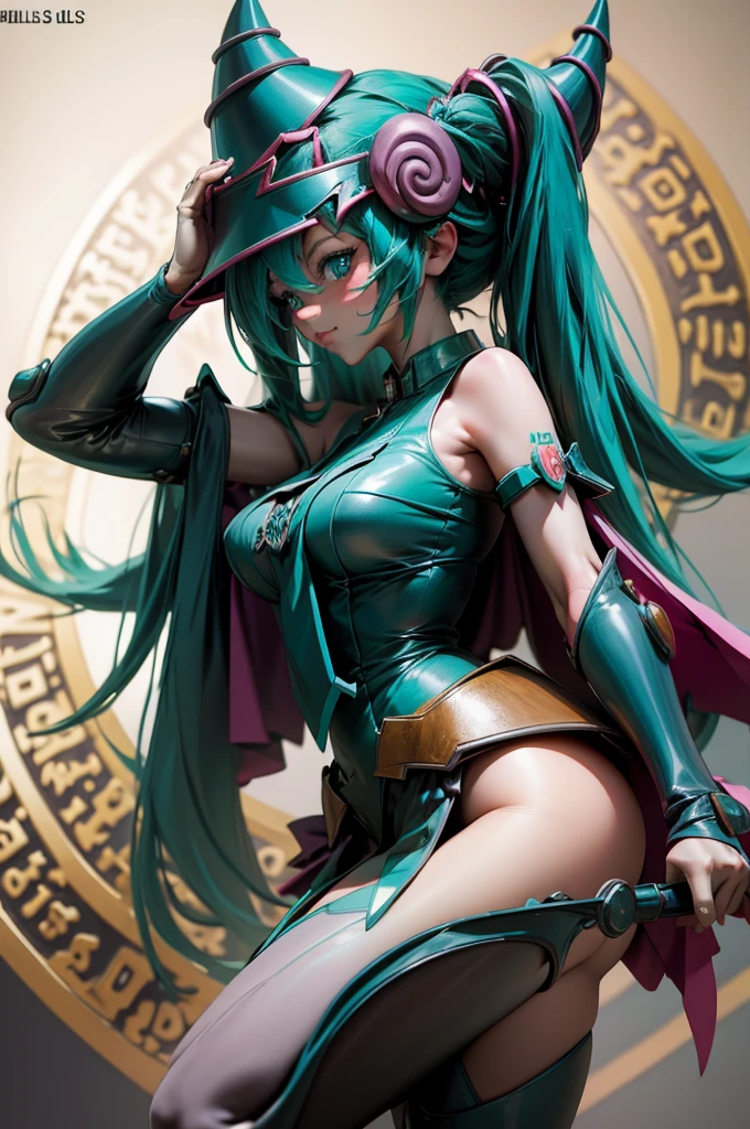 Hatsune Miku dressed as a dark wizard. Pose sexy y sensual. Big . gils dark wizard costume