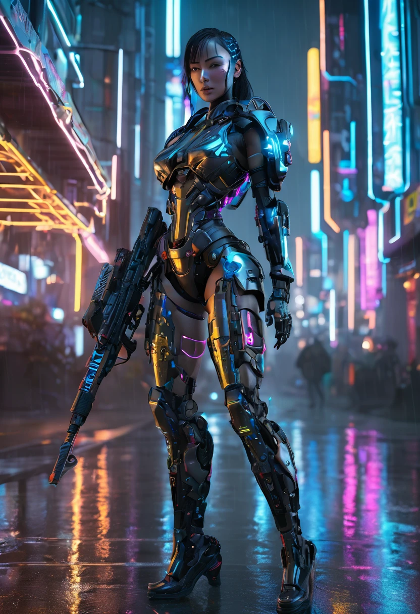 Cyberpunk female cyborg warrior、Neon cyberpunk city on a rainy night、Cybernetic Futuristic Rifle、Exquisite metal robot body、Glowing Cybernetic Enhancement、Advanced technology、Dynamic action poses、Dramatic moody lighting、Deep Shadow、Bright glowing neon lights、(Highest quality、8K、High resolution、masterpiece:1.2)、Super detailed、(Real、Photorealistic、Photorealistic:1.37)、Concept Art、Cinematic composition