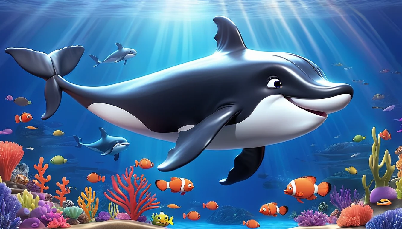 Create a 3-D Pixar style art scene for kids featuring a baby whale swimming alongside its mother whale. The scene should be colorful and vibrant, with an ocean background, coral reefs, and schools of fish. The overall mood should be engaging and inviting for young children.