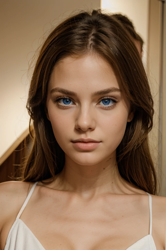 Blonde girl, beautiful face, super big lips, blue eyes