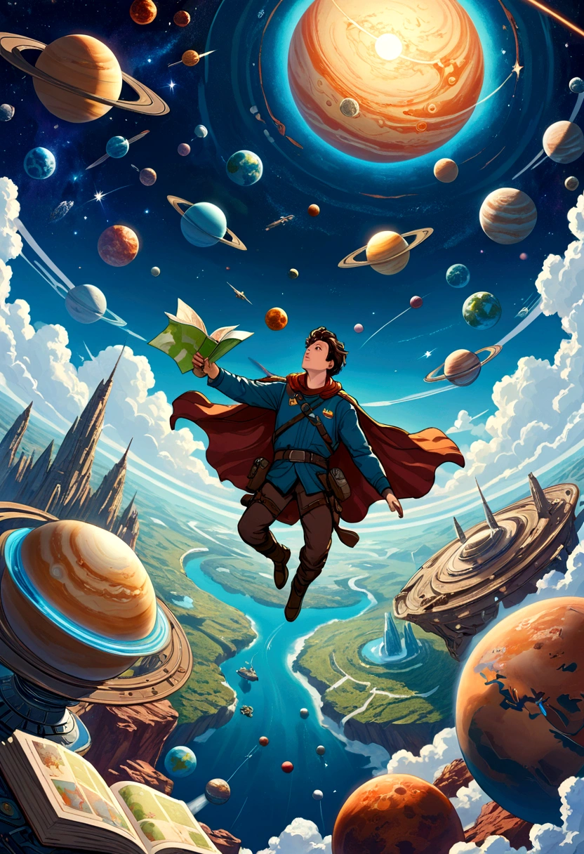 A man flies through the sky，Surrounded by a planet，A variety of goods surround it。The man holds the map，'s illustration。