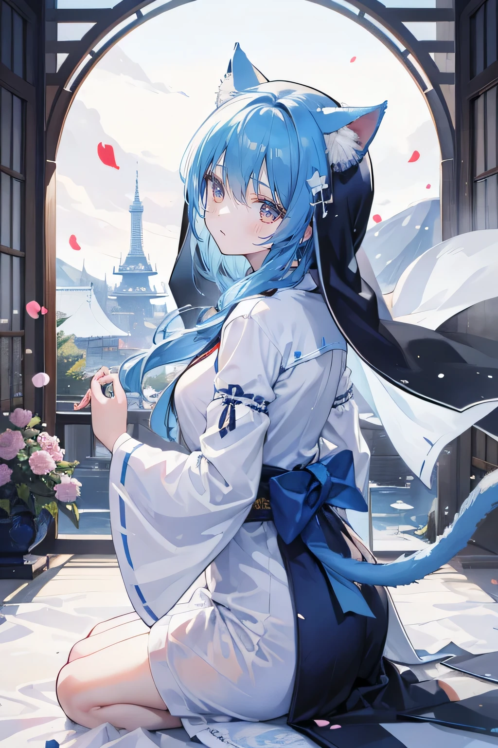 (masterpiece:1.2),Super detailed,lifelike,Expressive eyes,fair skin,perfect face shape,1 girl,
Japanese comics,Gorgeous blue hair,flowing blue hair,flowing clothes,Cat ears,Petals fall,beautiful lola,Baby Angel,
Shaking head with one hand,Cross your legs,Gentle and peaceful background,The pavilion is cool and comfortable,smile,back views,snowing, winter,Nun's Clothes,Church。