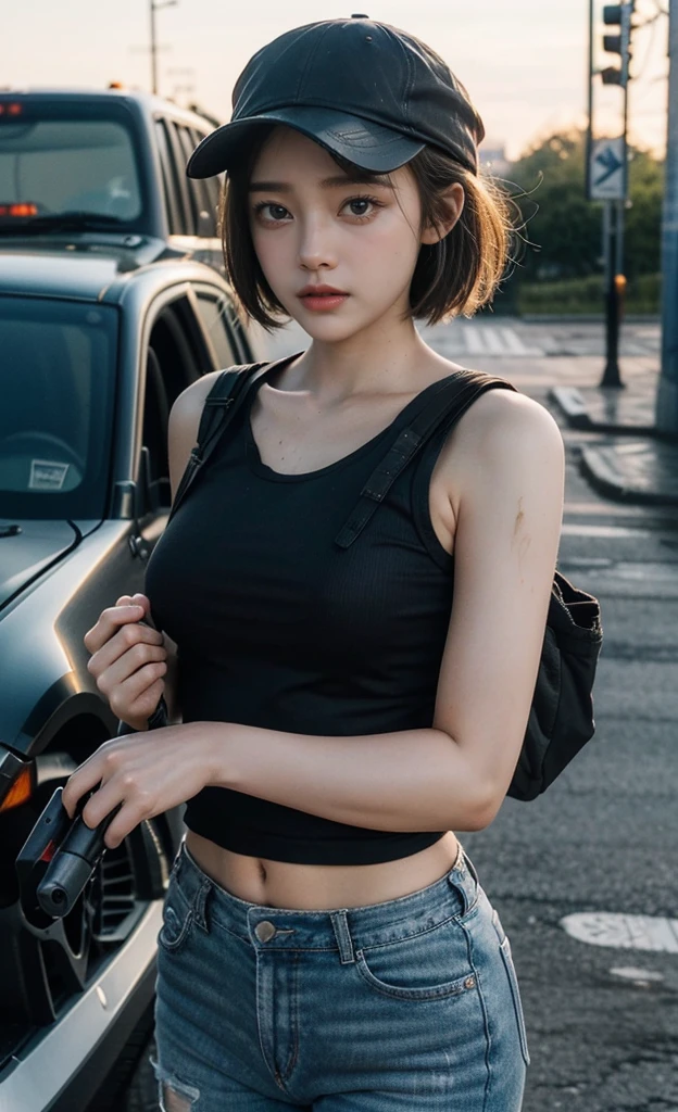 (8K, RAW photos, best quality, (high resolution,Ultra-clear details),masterpiece:1.2),(Practical, Practicalな写真:1.4),(Highly detailed CG Unity 8K wallpaper),(Oval face: 1.5), (Fine pupils:1.3),,(Unforgettable eyes:1.1),(You have beautiful eyes:1.1),
20 years old, Korean woman, Delicate and beautiful face,White skin、Smile,Short hair and smart hair、You are wearing clothes.s. Hold an assault rifle in both hands,Marines,Bulletproof vest、Backpack、heavy equipment、 Battles on the battlefield, Strong muscles, World War, Modern war themes,Army girl, running、Assault rifle with precise details, (Hold on to your rifle.: 1.3), (Aim and hold the rifle.: 1.3), Shootout, , Baseball cap, car on fire, War Zone,, explode, Burning City, cigarette, Broken Tower, belly button, Gloves, Torn pants, A face stained with mud and blood, Sweating of the skin, Bloody Skin, muddy skin, Declaration of determination, Accurate expression, best quality, 超high resolution, Practicalな, 、Physically Based Rendering(Physically Based Rendering(Physically Based Rendering)), light, complicated, Feeling,像一样柔和的light, Pleasant tone, Battlefield Background, city war background, Practical, Cowboy shooting, Dynamic Angle,, Mahindra Thar, electric wire, 8K!!, 偉大なmasterpiece,, Production: Tom Karafik、Impressive pose