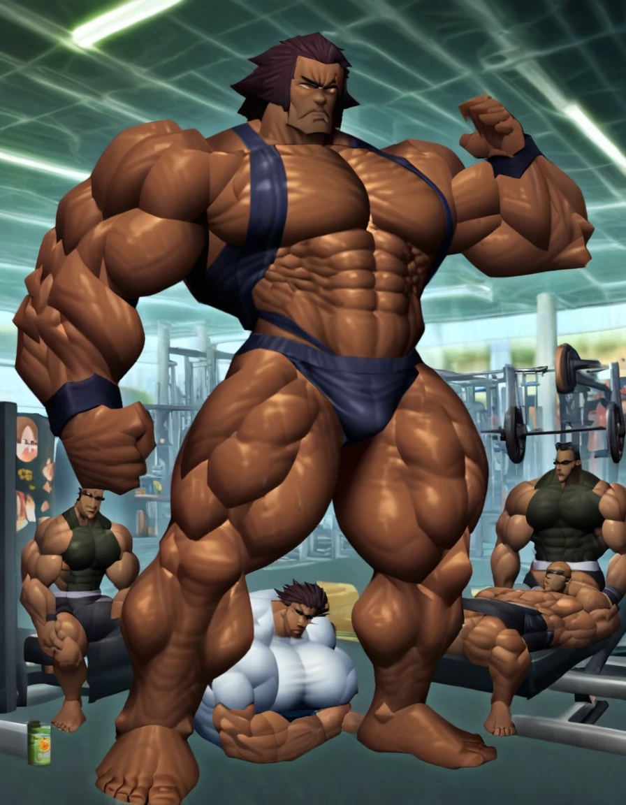 Old giant with big in the gym,Big abdominal muscles,Big legs and feet。,muscular,Huge breasts。Tall and brown skin