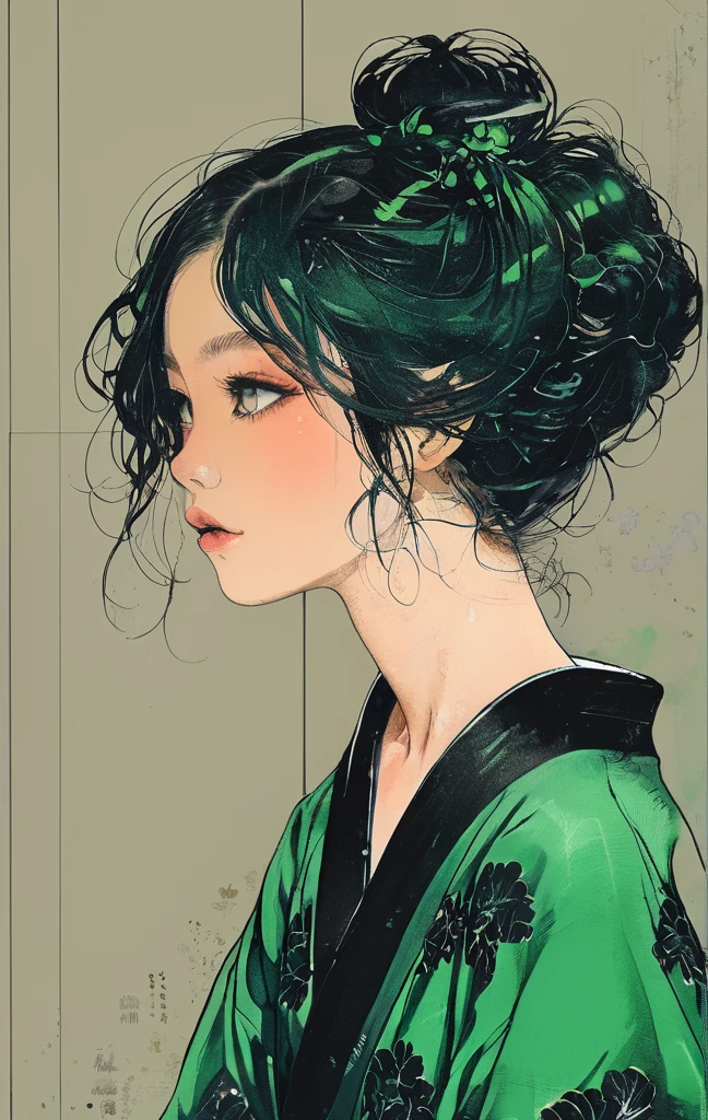 (highest quality, sketch:1.2), High resolution:0.75, Illustrator,anime, 1 girl, detailed lips, yukata、green dress,custom, (Dark monochrome background),neon hair,Texture Cropping, masterpiece, style, Retro Classic, Dark Black, Art Station, sketch book, bob hair [green:1.75] [neon:1.32], (Dark monochrome background:2.1), epic realistic, detailed