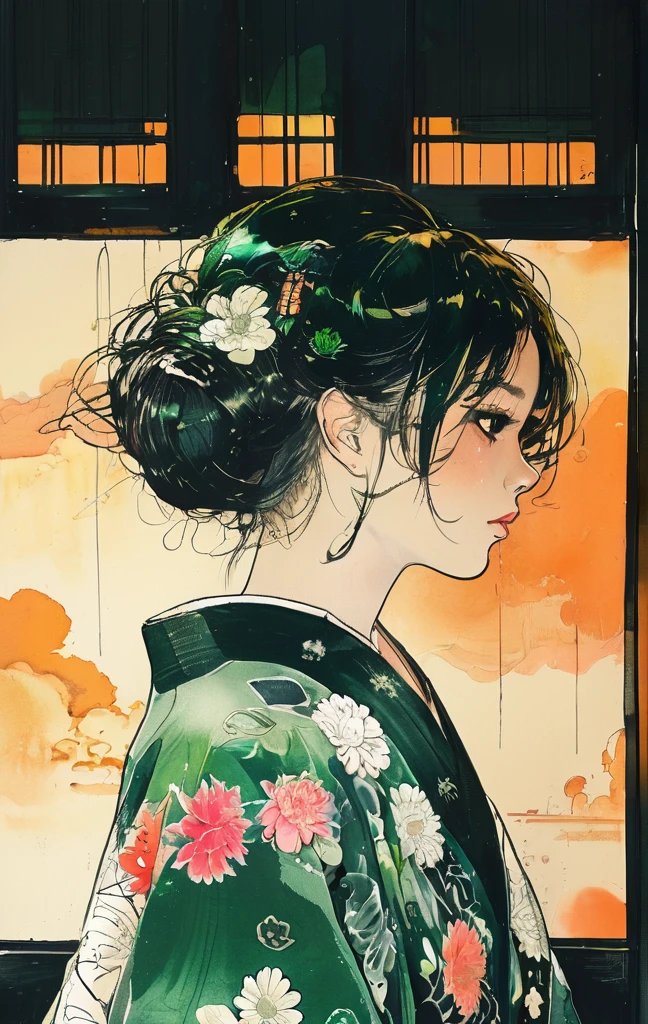 (highest quality, sketch:1.2), High resolution:0.75, Illustrator,anime, 1 girl, detailed lips, yukata、green dress,custom, (Dark monochrome background),neon hair,Texture Cropping, masterpiece, style, Retro Classic, Dark Black, Art Station, sketch book, bob hair [green:1.75] [neon:1.32], (Dark monochrome background:2.1), epic realistic, detailed
