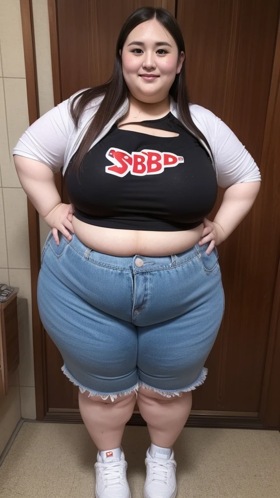 go pro Japanese ssbbw, non nude, full shot, very beautiful face, super obese, full body, sweat parker, sneaker,, super obese japanese, gigantic 、super big belly