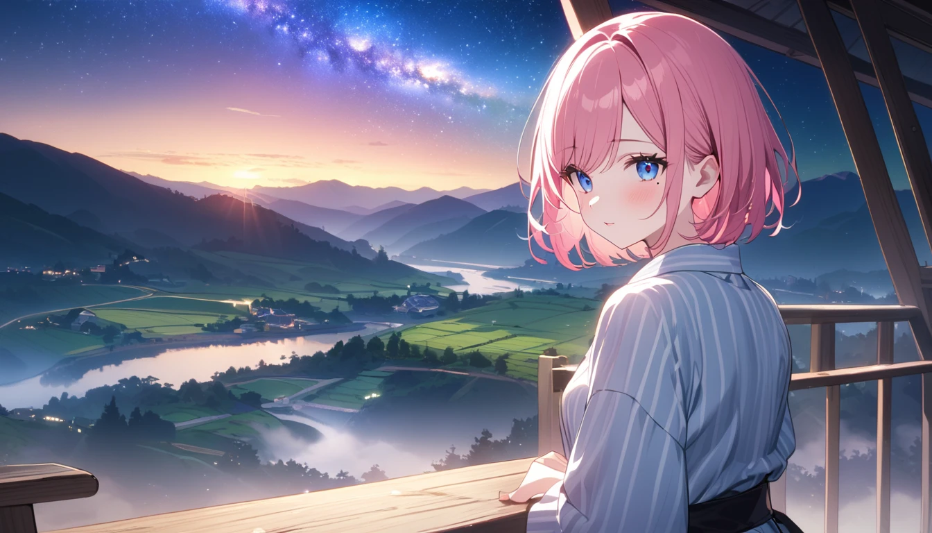 (1 girl), (Best Picture Quality, 8K, Masterpiece:1.3), (high school student:1.5), ((pink lob hair:1.1)), (bob cut), (swept bangs), (cute eyes, pupil black, iris skyblue, youthful face), (mole under right eye), (standard weight), (small breasts), (glistening skin:1.1), (pale skin:1.2),BREAK,((yukata decorated with stars and galaxies)), ((magical glow of light enveloping the yukata)), (bamboo trees with colorful tanzaku swaying in the breeze), (Fluorescent:1.3), (picturesque landscape with rolling hills, quaint village, and floating islands in the sky), (ethereal mist and shimmering lights), ((magnificent view)),(Sparkling magic effect:1.5),(milky way:1.3)