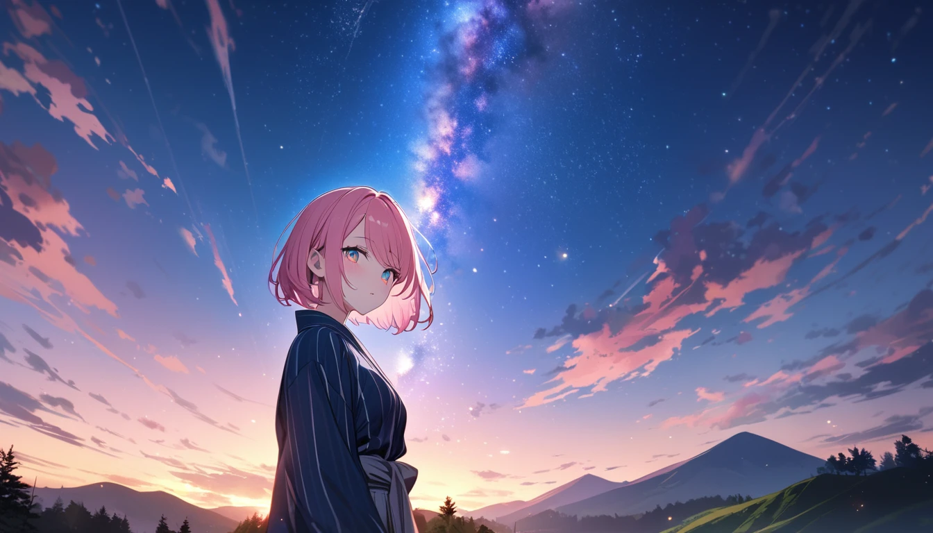 (1 girl), (Best Picture Quality, 8K, Masterpiece:1.3), (high school student:1.5), ((pink lob hair:1.1)), (bob cut), (swept bangs), (cute eyes, pupil black, iris skyblue, youthful face), (mole under right eye), (standard weight), (small breasts), (glistening skin:1.1), (pale skin:1.2),BREAK,((yukata decorated with stars and galaxies)), ((magical glow of light enveloping the yukata)), (bamboo trees with colorful tanzaku swaying in the breeze), (Fluorescent:1.3), (picturesque landscape with rolling hills, quaint village, and floating islands in the sky), (ethereal mist and shimmering lights), ((magnificent view)),(Sparkling magic effect:1.5),(milky way:1.3)