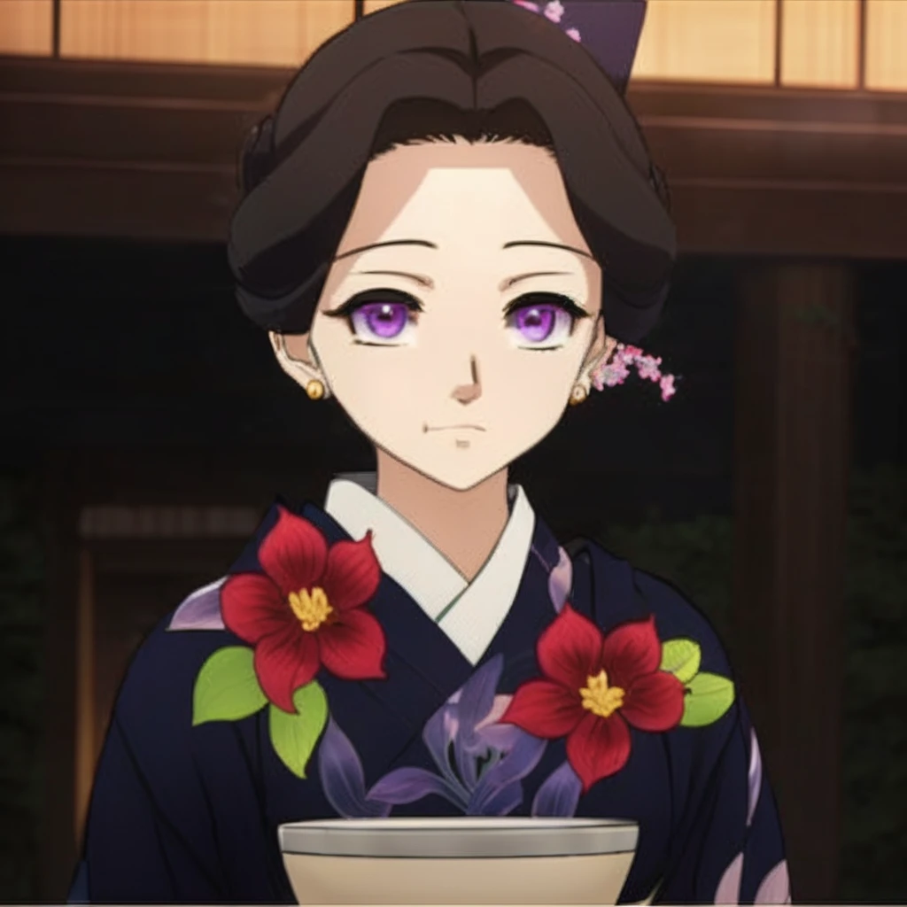 Woman in kimono outfit with flowers and a pot, kimetsu no yaiba, realistic style, maya fey from ace attorney, shalltear from overlord, realistic visual of a woman, beautiful woman, high quality, high detail