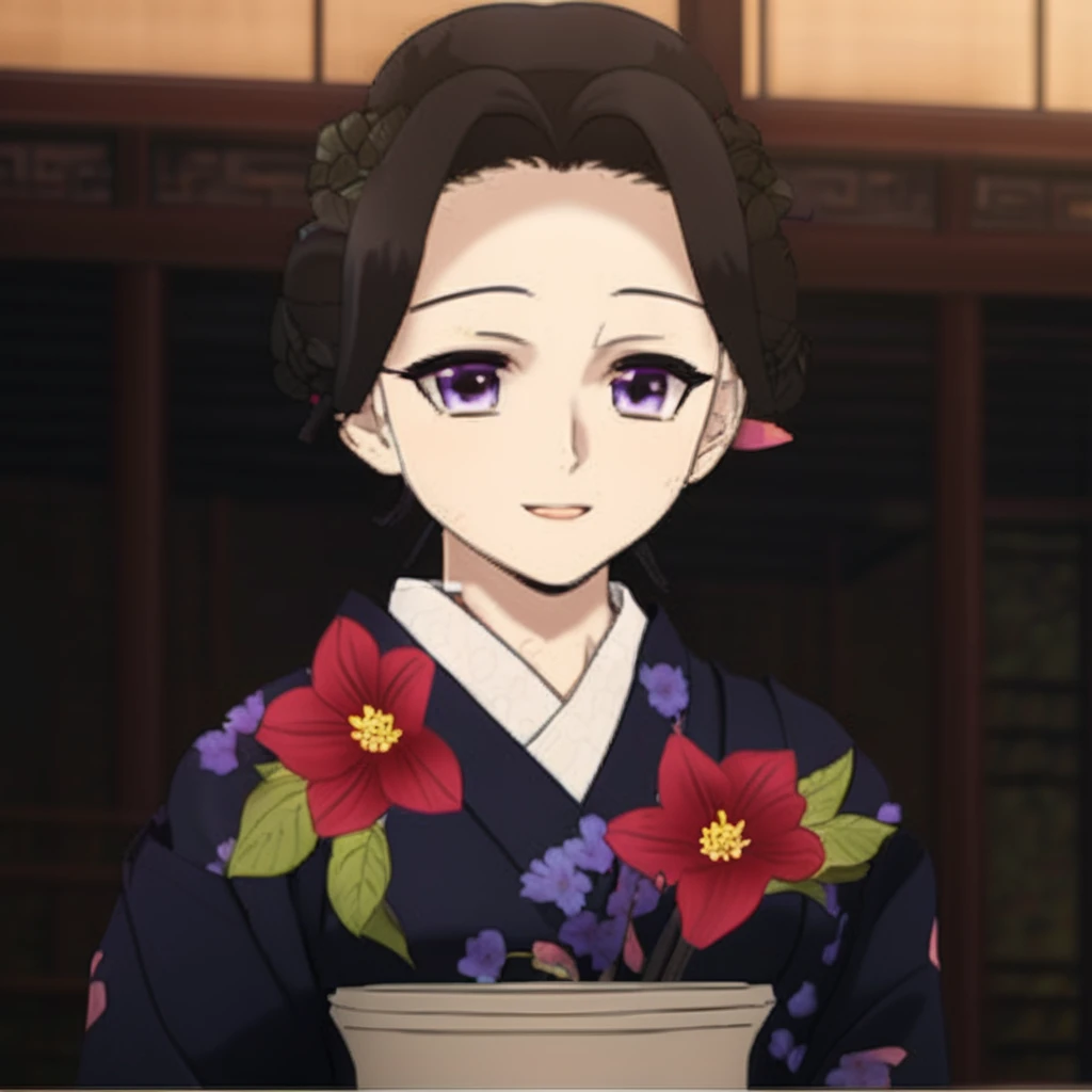Woman in kimono outfit with flowers and a pot, kimetsu no yaiba, realistic style, maya fey from ace attorney, shalltear from overlord, realistic visual of a woman, beautiful woman, high quality, high detail