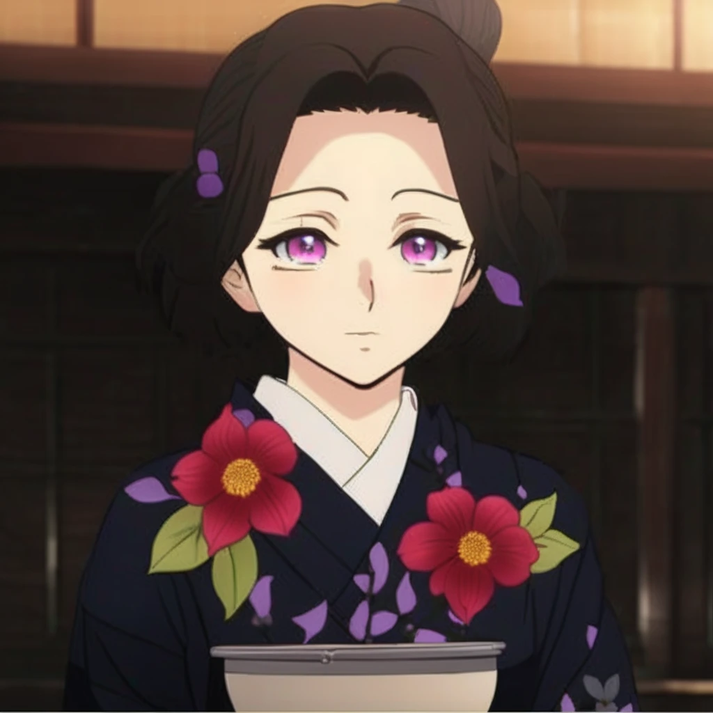 Woman in kimono outfit with flowers and a pot, kimetsu no yaiba, realistic style, maya fey from ace attorney, shalltear from overlord, realistic visual of a woman, beautiful woman, high quality, high detail