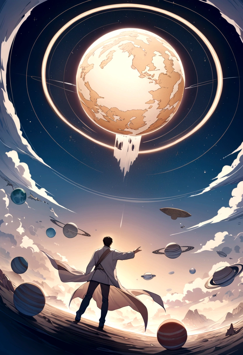 A man flies through the sky，Surrounded by a planet，A variety of goods surround it。The man holds the map，'s illustration。