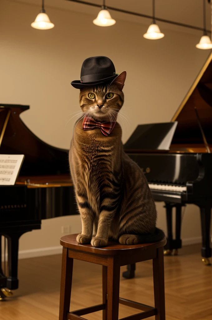 High resolution,　8K,　Jazz cafe with warm lighting。A cat wearing a tiny fedora hat and bow tie sits on a stool in front of a grand piano、I&#39;m playing the piano by moving my arms.。In the background、There&#39;s a vintage record player and shelves filled with old jazz records.。The background is fixed and does not move.。A cat is sitting on a chair and playing the piano。