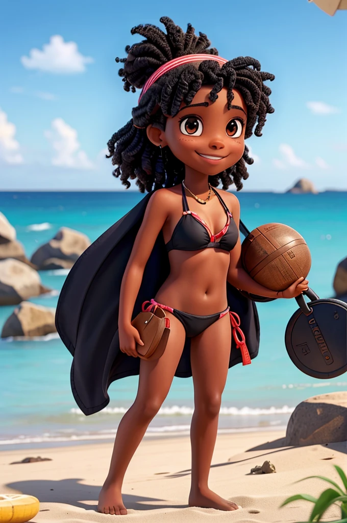 4k, full hd, 10 year old black girl, black hair, on the beach, in a bikini, smiling, holding a tambourine with her right hand