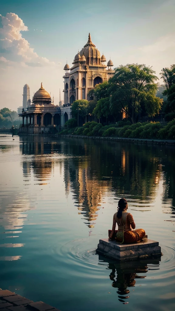 Cityscape with a river and few buildings, Indian temple, Hindu Aesthetics, A shimmering temple in the distance, India, The winning image of the unsplash contest, beautiful place, by Beeple, Andrea Rocha style, Pexels Competition Winner, artem demura Beeple, Beeple. Surreal, Beeple |