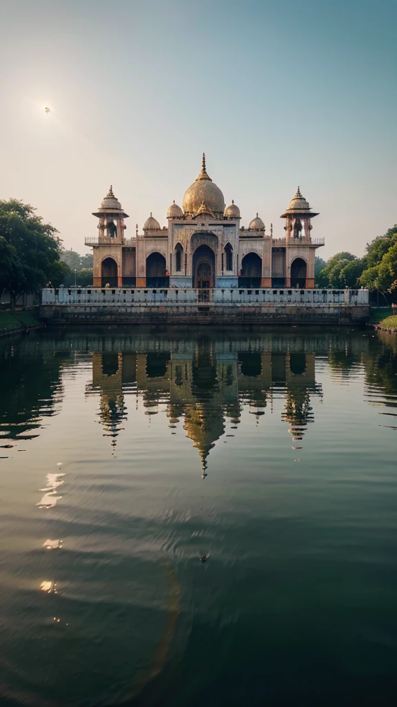 Cityscape with a river and few buildings, Indian temple, Hindu Aesthetics, A shimmering temple in the distance, India, The winning image of the unsplash contest, beautiful place, by Beeple, Andrea Rocha style, Pexels Competition Winner, artem demura Beeple, Beeple. Surreal, Beeple |