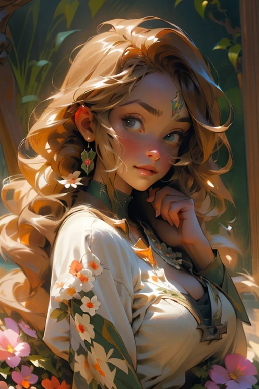 face portrait of a  European female , long curly hair, blond, floral frame, Decorative panels, abstract
photorealistic, artistic, by Alphonse Mucha
(Masterpiece, Best Quality, Highres:1.4), Detailed, Intricate Details, 4K, color splashes, line art,   fibonacci, deep lighting, contrasting light, bright soft lights, curvy, big breasts, cleavage, face covered in shadow, side lighting